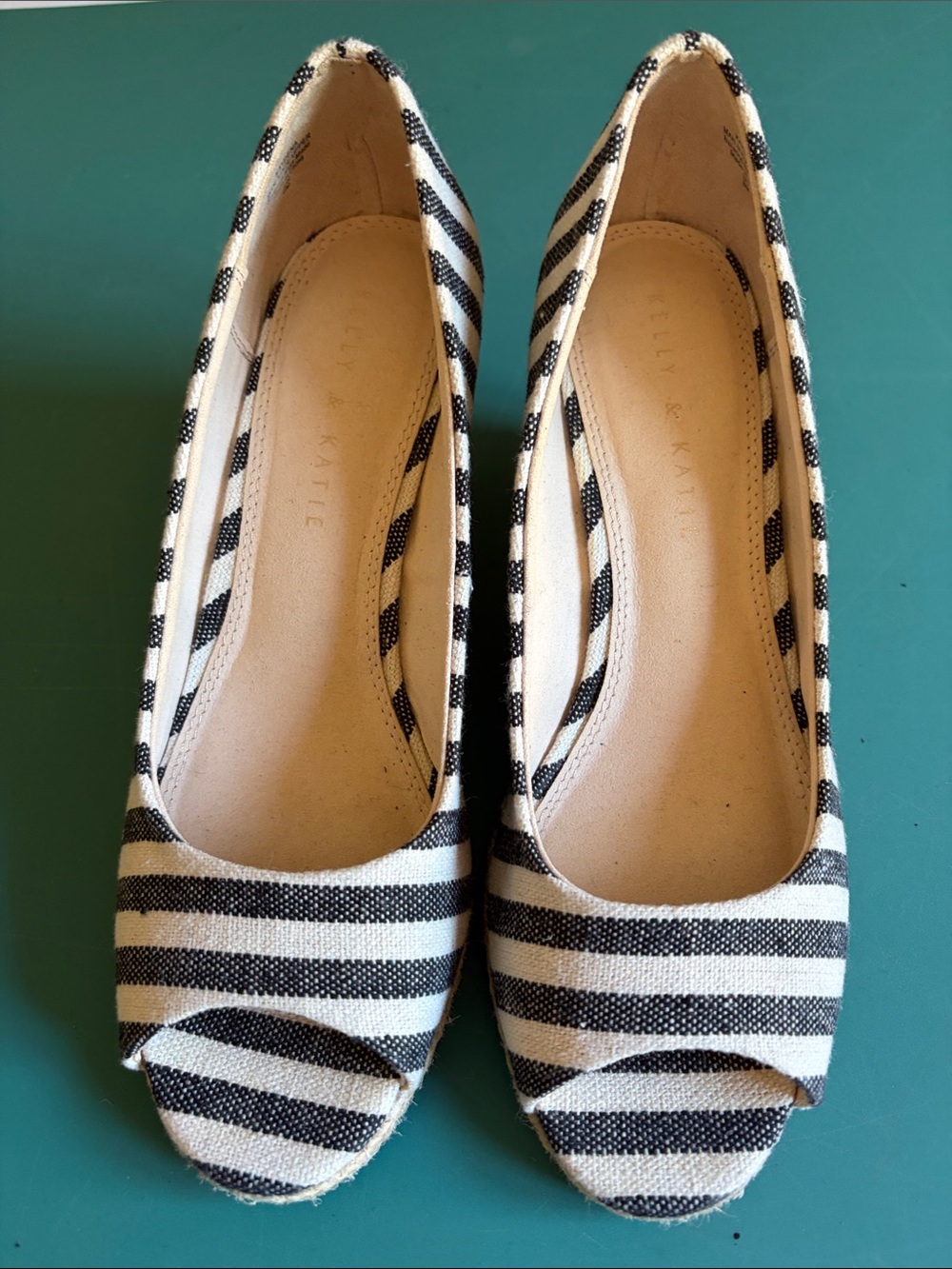 Kelly & Katie Striped Canvas Peep-Toe 3 inch wedge heel - Black & White. 8M